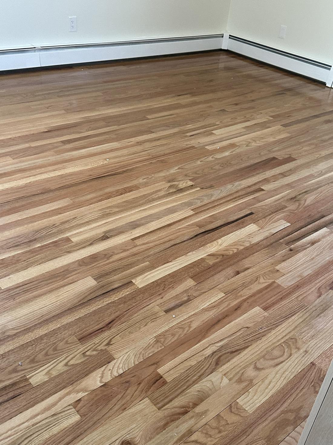 Close view of red oak boards with finish applied